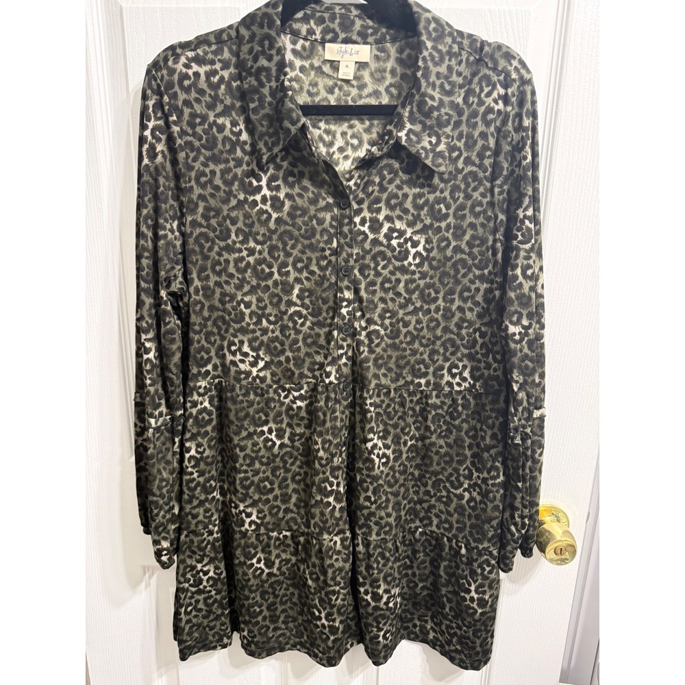 Style & Co Womens XL Olive Green Leopard Print Tiered Button Down Tunic Top